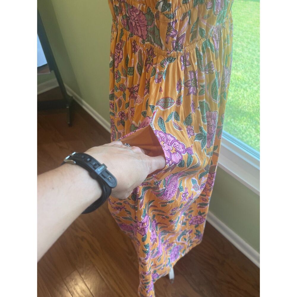 Boho Floral Smocked Cutout Maxi Dress V Neck Euro Summer Resort Quiet Luxury L - Picture 11 of 13